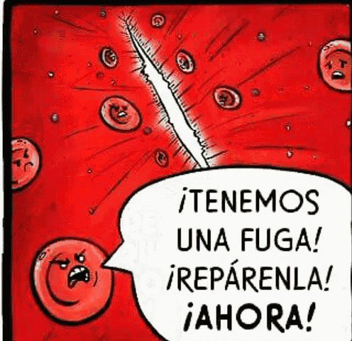 a cartoon of a cell with a speech bubble that says tenemos una fuga repairenla ahora