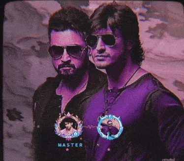 two men standing next to each other with one wearing a purple shirt that says " master "