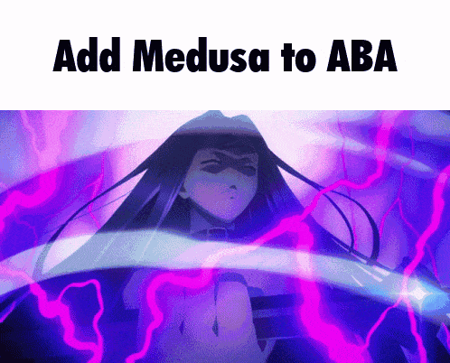 add medusa to aba is written on a purple background