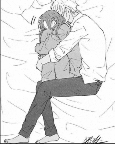 a black and white drawing of a man and a woman hugging on a bed .