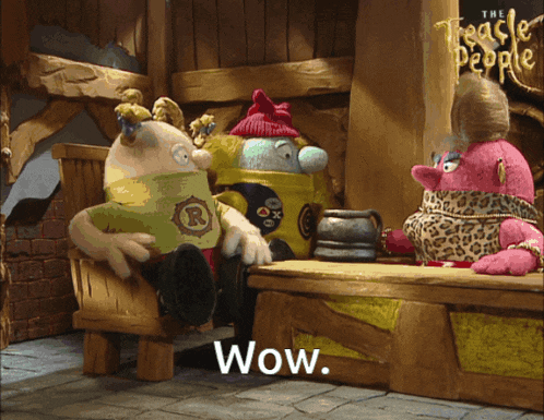 a cartoon scene with the word wow on the bottom