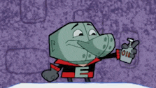 a cartoon character with the letter e on his pants