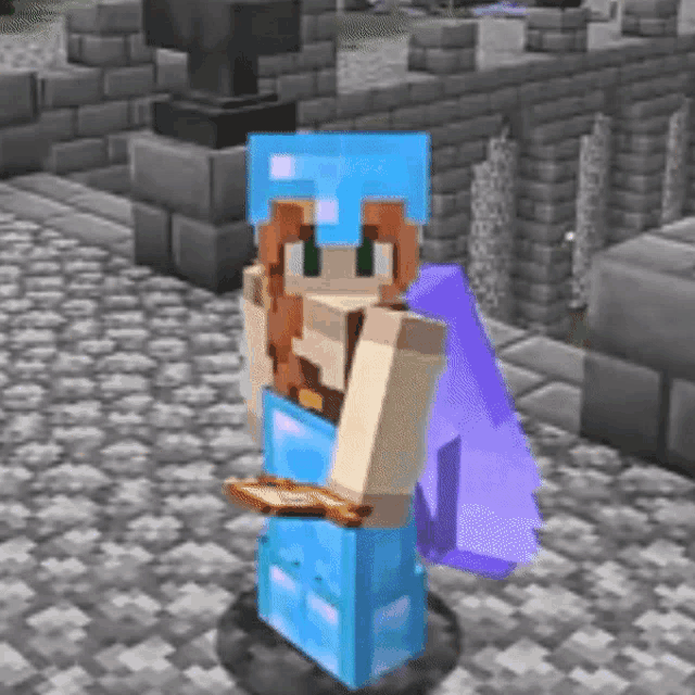 a minecraft character with a blue helmet and a purple cape is standing on a tiled floor .