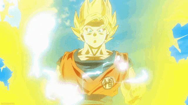 a cartoon of a man with yellow hair and a chinese symbol on his chest