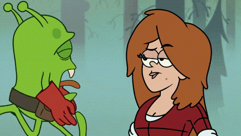 a cartoon of a woman and a green monster