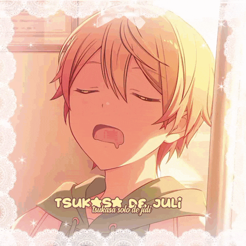 a picture of a boy with his eyes closed and the words tsukasa solo de juli on it