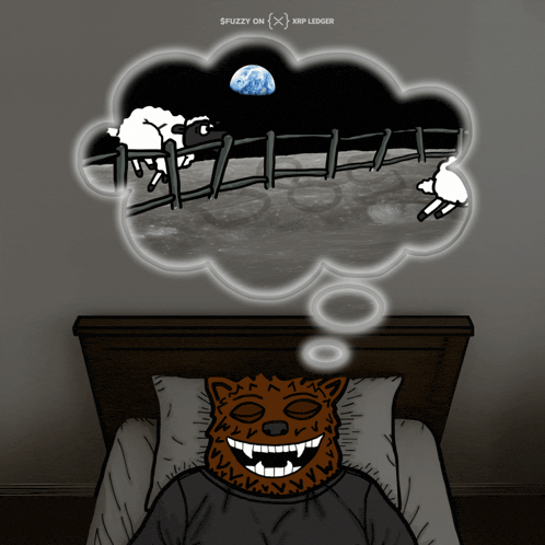 a cartoon of a man sleeping with a thought bubble that says ' sfuzzy on '
