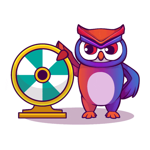 a cartoon owl is standing next to a colorful wheel
