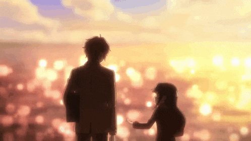 a man and a girl are standing next to each other looking at the sunset .