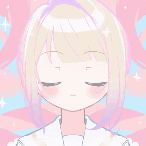 a drawing of a girl with blonde hair and blue eyes on a pink background