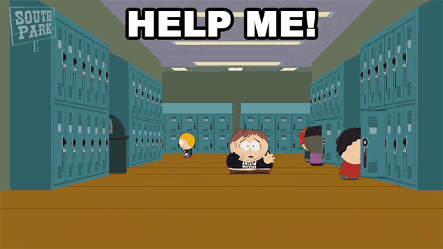 a cartoon of south park characters asking for help in a hallway