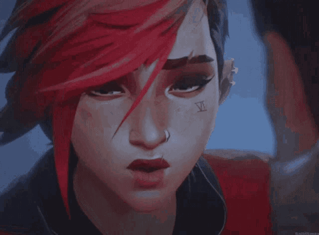 a woman with red hair has a tattoo on her forehead that says ' i '