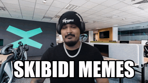 a man wearing headphones says skibidi memes in front of an office
