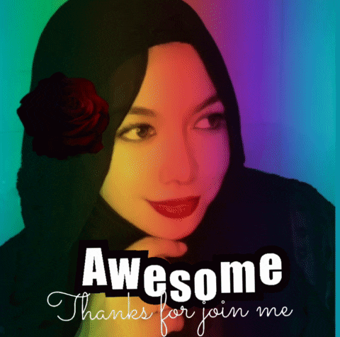 a woman wearing a hijab with a red rose in her hair and the words awesome thanks for joining me