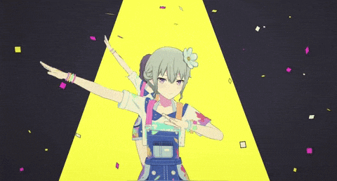 two anime girls with their arms outstretched on a yellow background