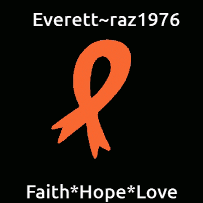 an orange ribbon is on a black background with the words everett raz 1976 faith hope love