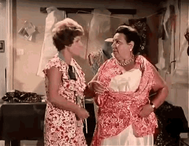 two older women are standing next to each other in a room talking .