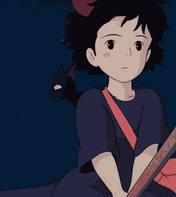 a girl with a black cat on her back is flying on a broom