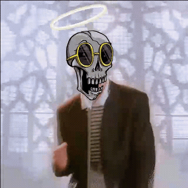 a cartoon drawing of a skull with sunglasses and a halo on his head