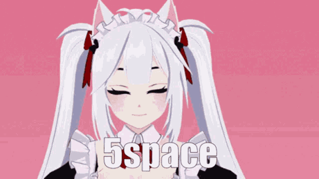 a maid with white hair and blue eyes says 5space on the bottom