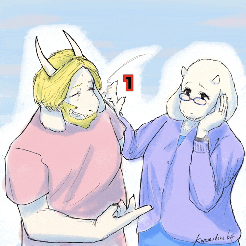 a drawing of a man with horns and a woman with glasses has the number 1 on the red square
