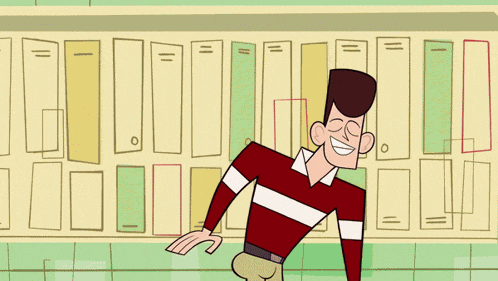 a cartoon character is standing in front of a row of lockers with his arms outstretched