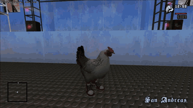 a video game screen shows a chicken wearing red sneakers