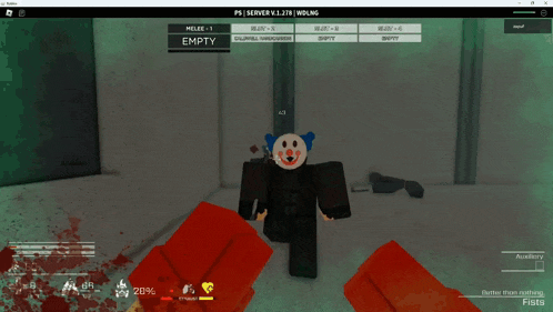 a screenshot of a video game shows a clown holding a gun