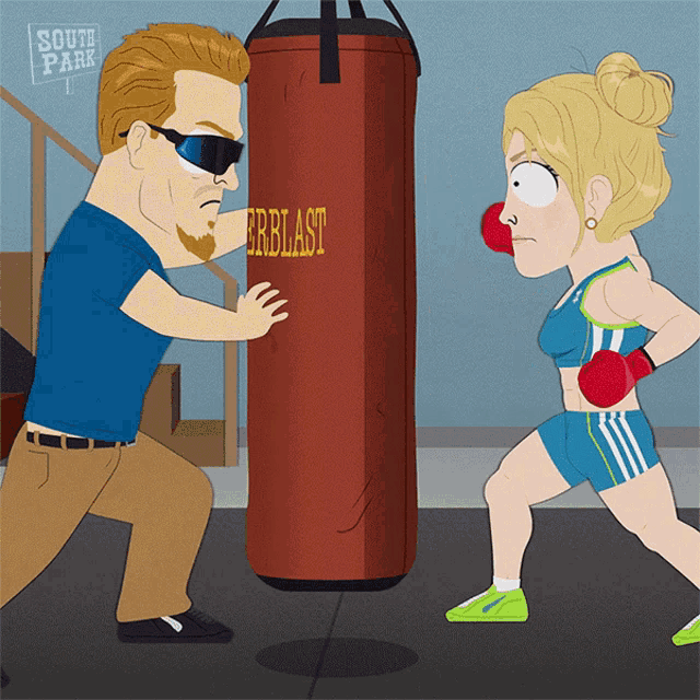 a cartoon of a man pushing an everlast boxing bag