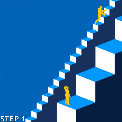 a blue and white staircase with the words small steps forward step 1 below it