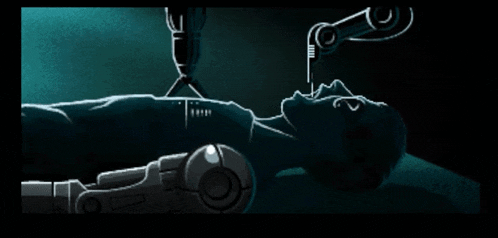 a black and white drawing of a robotic arm holding a person 's face