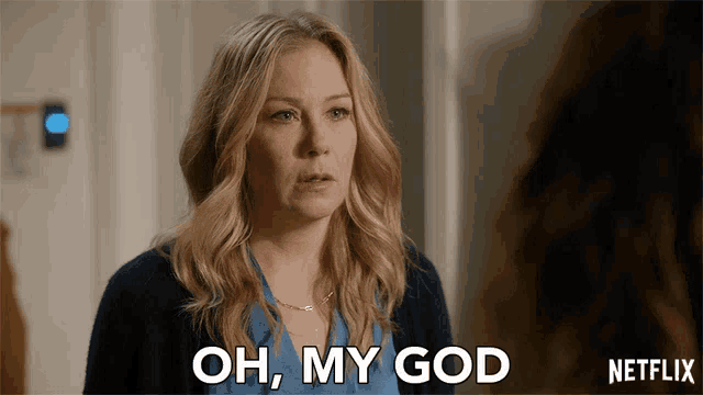 a woman with blonde hair says oh my god