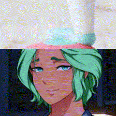 a woman with green hair and blue eyes is wearing a pink and blue hat .