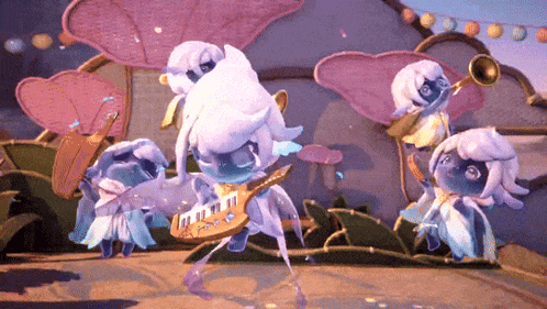 a group of cartoon characters are playing instruments including a guitar and a trumpet