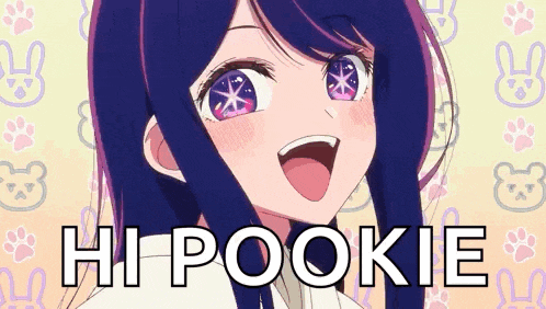 a girl with purple hair and pink eyes is smiling with the words hi pookie written on the bottom .