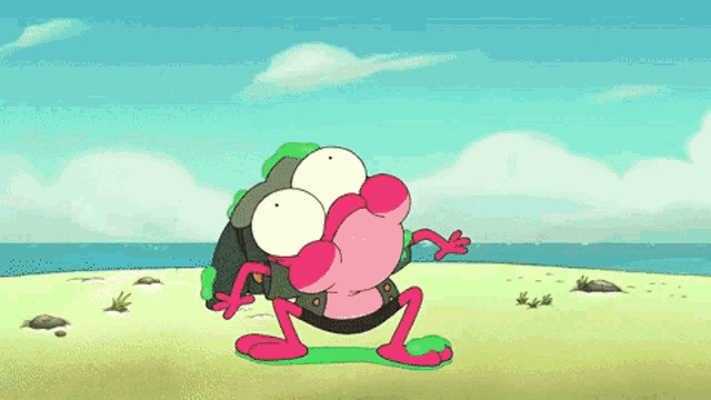 a cartoon of a frog standing on a beach