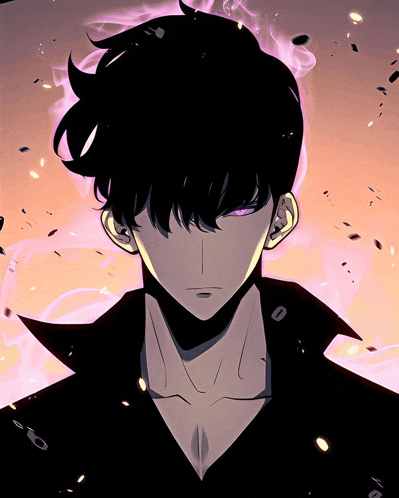 a cartoon character with purple eyes and a black jacket