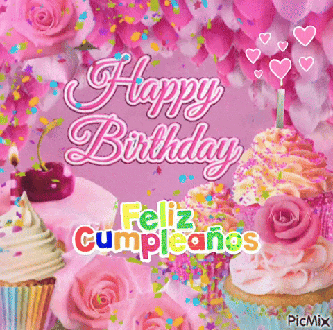 a happy birthday card with cupcakes , roses , balloons and confetti