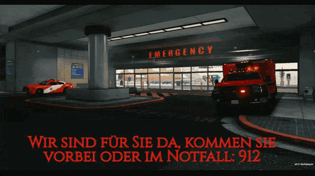 an ambulance is parked in front of the emergency entrance of a hospital