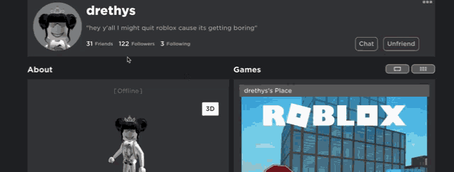 a screenshot of a person 's roblox account with the name drethys