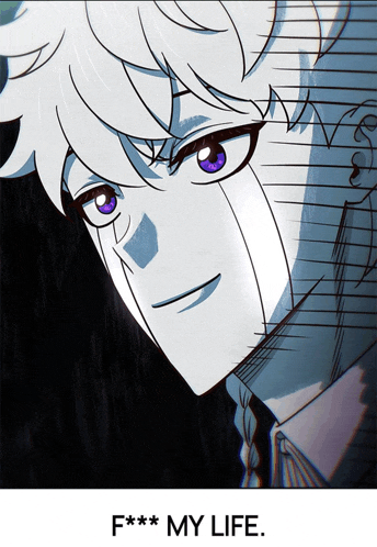 a cartoon character with purple eyes and the words f *** my life