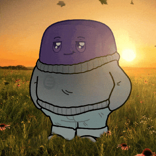 a cartoon character with a purple head and a gray sweater is standing in a field at sunset