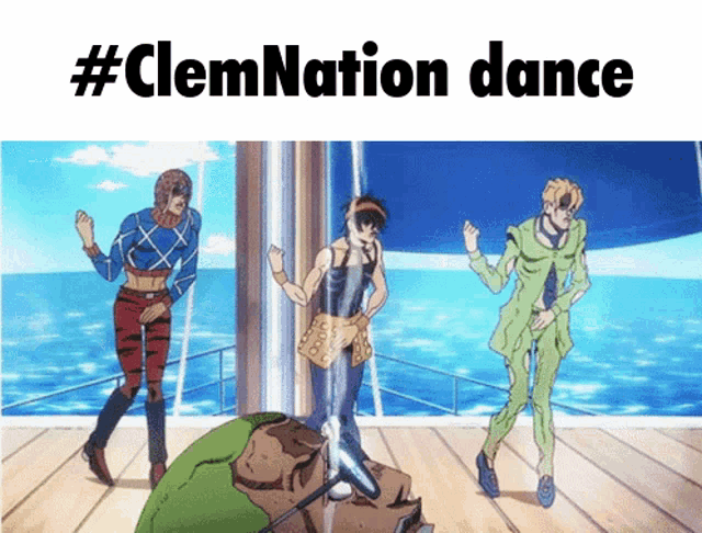 three anime characters are dancing in front of the ocean and the words #clemnation dance