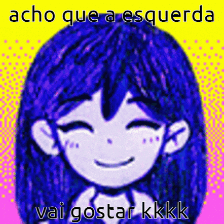 a drawing of a girl with blue hair is smiling and says acho que a esquerda vai gostar kkk .