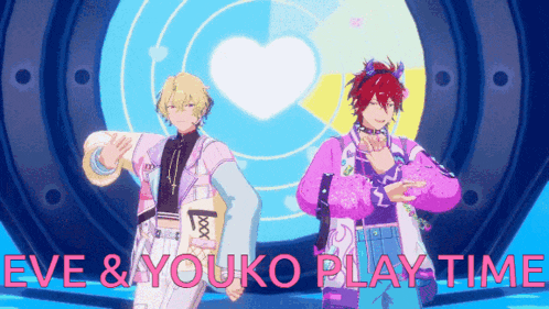 a couple of anime characters standing next to each other with the words eve & youko play time written above them .