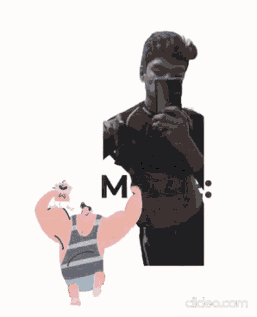 a man is taking a picture of himself with a cartoon character standing next to him that says sex mode on