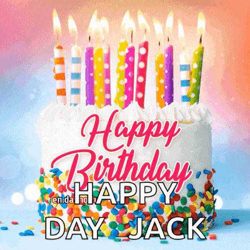 a birthday cake with candles and sprinkles with the words happy birthday happy day jack