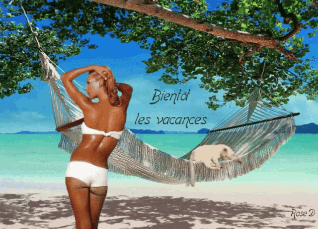 a woman in a bikini is standing next to a hammock with the words bien l' d les vacances written on it