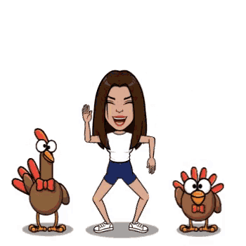 a cartoon of a woman and two turkeys waving