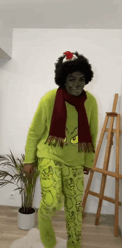 a person is dressed as the grinch and wearing a green sweater , scarf , and hat .